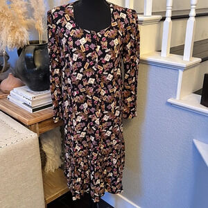 Vintage Julie Floral Pleated Shoulder Pads MIDI Dress Size Small